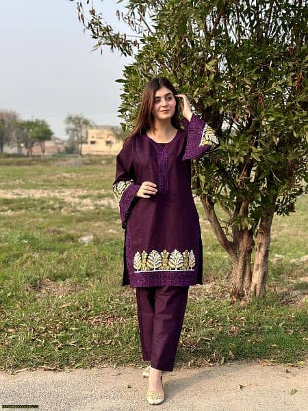 2 Pcs Women's Stitched Cotton Embroidered Shirt And Trouser 8