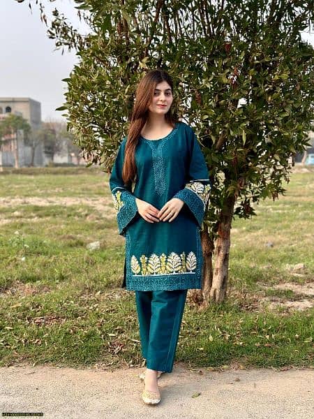 2 Pcs Women's Stitched Cotton Embroidered Shirt And Trouser 13