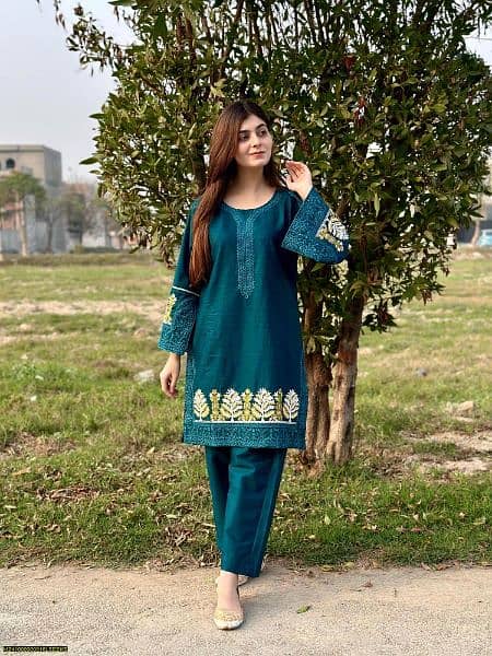 2 Pcs Women's Stitched Cotton Embroidered Shirt And Trouser 14