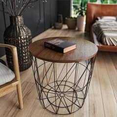 METAL WIRE REMOVABLE WOOD TOP, ROUND COFFEE, SIDE TABLE, STORAGE BASKE