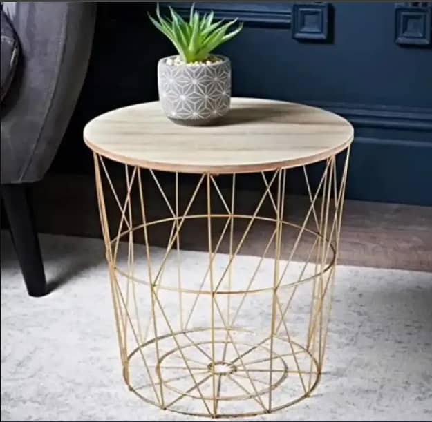 METAL WIRE REMOVABLE WOOD TOP, ROUND COFFEE, SIDE TABLE, STORAGE BASKE 2