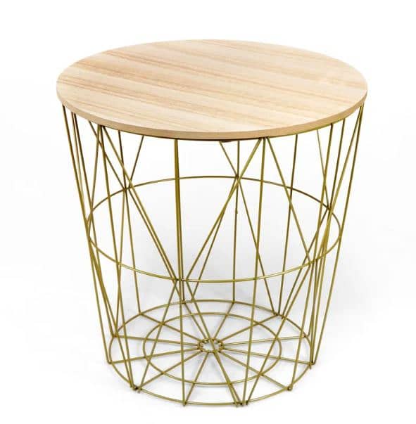 METAL WIRE REMOVABLE WOOD TOP, ROUND COFFEE, SIDE TABLE, STORAGE BASKE 4