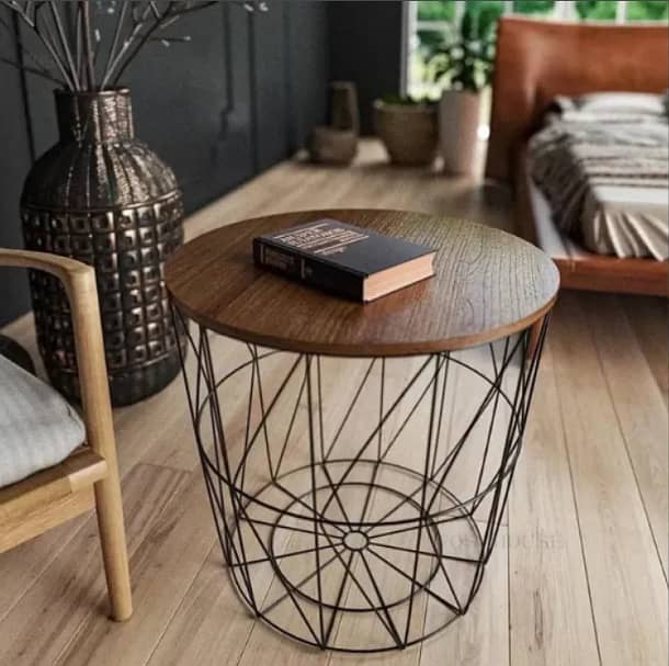 METAL WIRE REMOVABLE WOOD TOP, ROUND COFFEE, SIDE TABLE, STORAGE BASKE 1