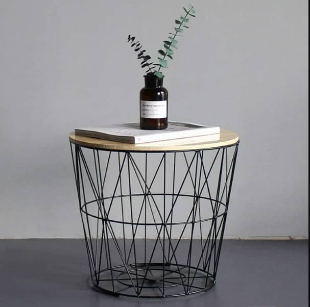METAL WIRE REMOVABLE WOOD TOP, ROUND COFFEE, SIDE TABLE, STORAGE BASKE 3