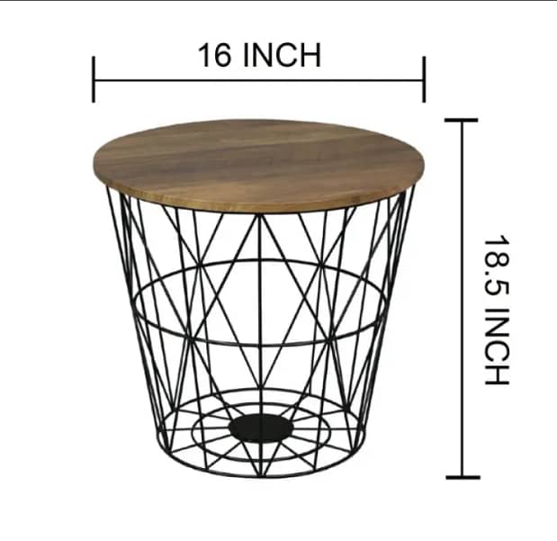 METAL WIRE REMOVABLE WOOD TOP, ROUND COFFEE, SIDE TABLE, STORAGE BASKE 2