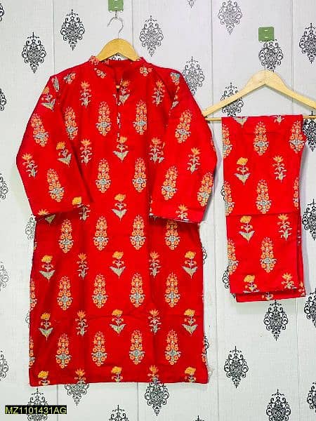 2 Pcs Women's stitched Linen Block Printed Suit 1