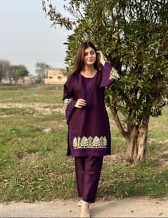 2 pcs Women's Stitched Cotton Embroidered Shirt and Trouser