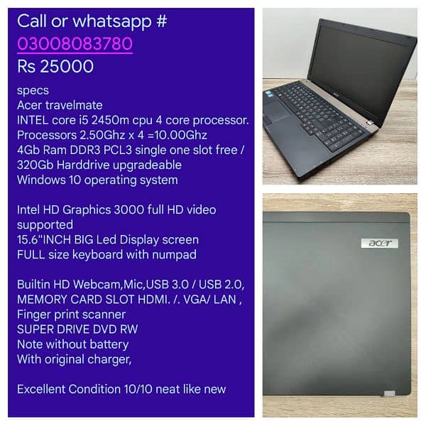 Hp probook 6570b Laptops 3RD Generation 4GB Ram 320Gb HDD 15.6"Display 8
