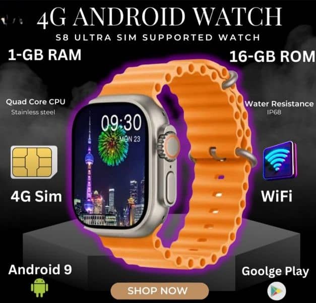 S8 Ultra Sim Support 4G Smart Watch
WiFi-Android 1GB Ram 16GB Rom 1