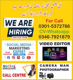Video Editor, Social Media Expert, Camera Man, Call Centre Male/Female