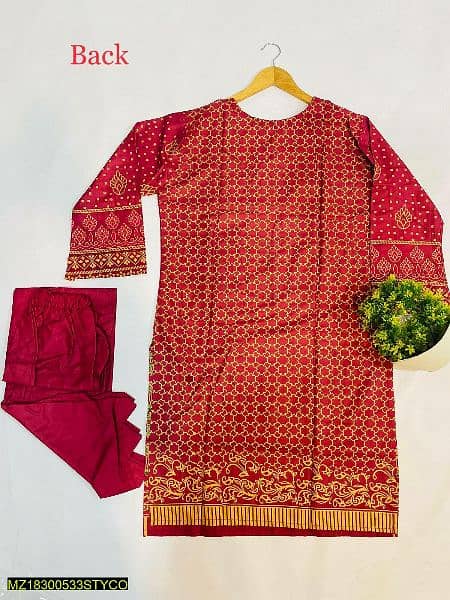 2 Pcs Women's Stitched Linen Printed Shirt And Trouser 2