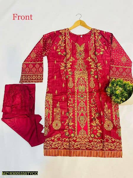 2 Pcs Women's Stitched Linen Printed Shirt And Trouser 3