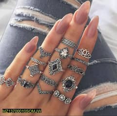 15 PCs Trendy Rings Set in Silver For Girls 0