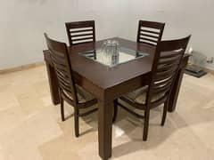 4 Seater Wooden Dining Table Chairs with Glass Top and Cushioned Seats
