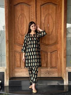 2 pcs Women's stitched Arabic Lawn Block Printed shirt and trouser