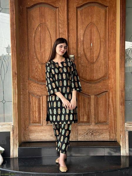 2 pcs Women's stitched Arabic Lawn Block Printed shirt and trouser 1