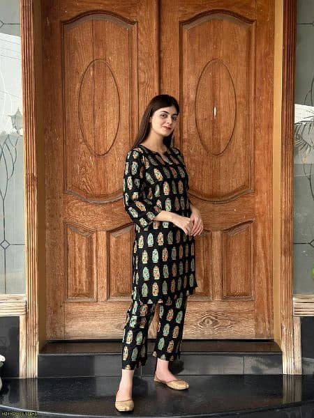 2 pcs Women's stitched Arabic Lawn Block Printed shirt and trouser 5