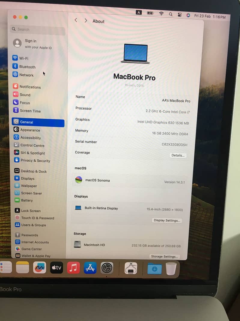 Apple MACBOOK PRO, 2018, 15inches, i7, 16gb Ram, 250HDrive 0