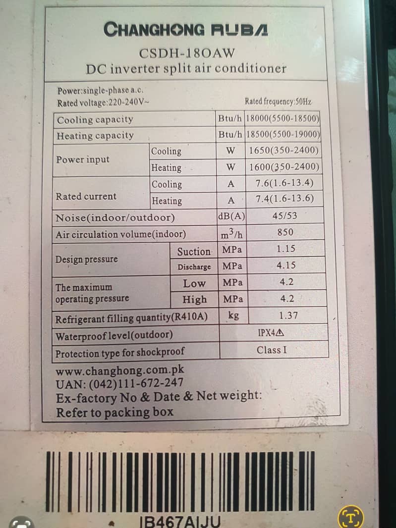 AC-DC Inverter CHANGHONG RUBA: CSDG-180AW  Split Air Conditioner 9