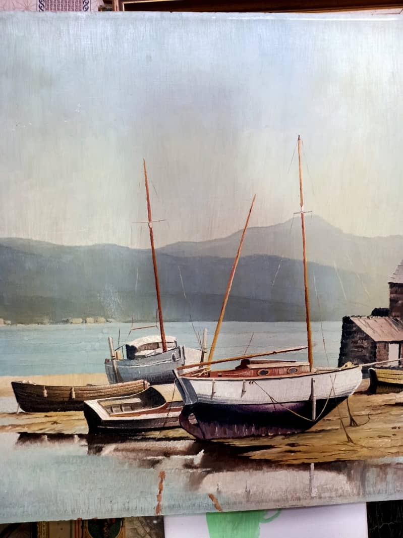 Beautifull Oil on Boeard Painted Harbour Scene Depicting Ships 2