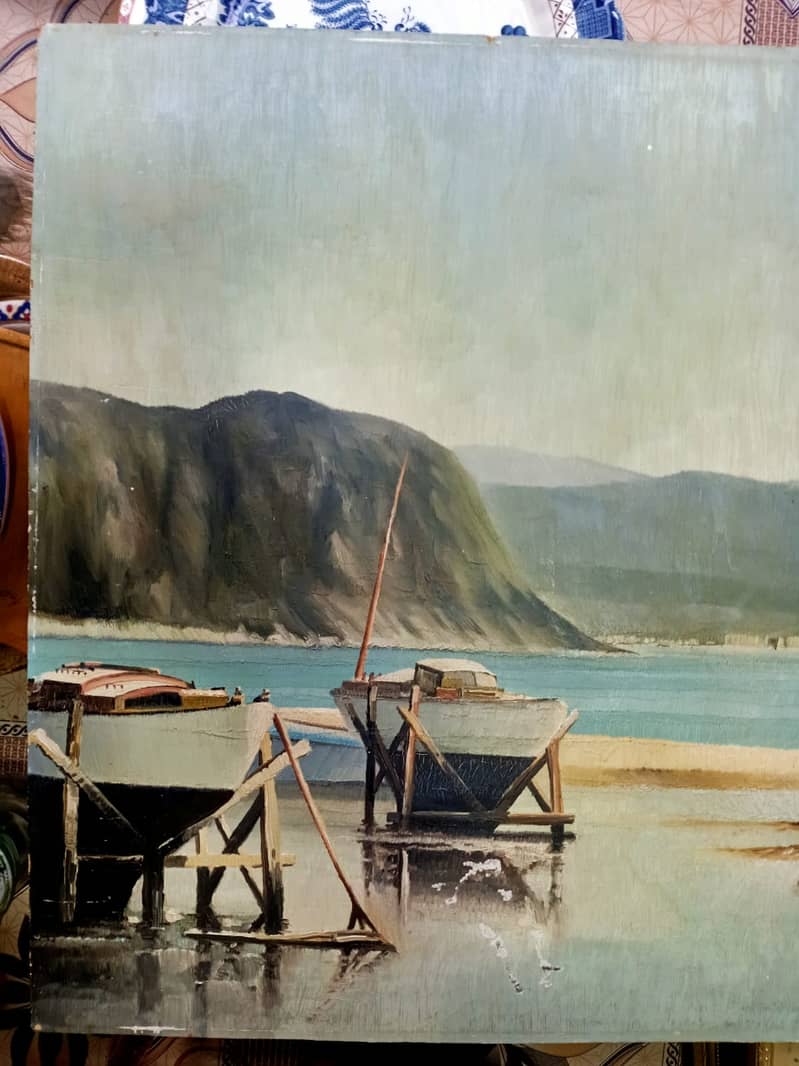 Beautifull Oil on Boeard Painted Harbour Scene Depicting Ships 5