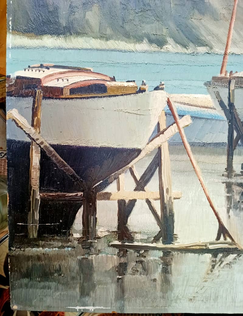 Beautifull Oil on Boeard Painted Harbour Scene Depicting Ships 8