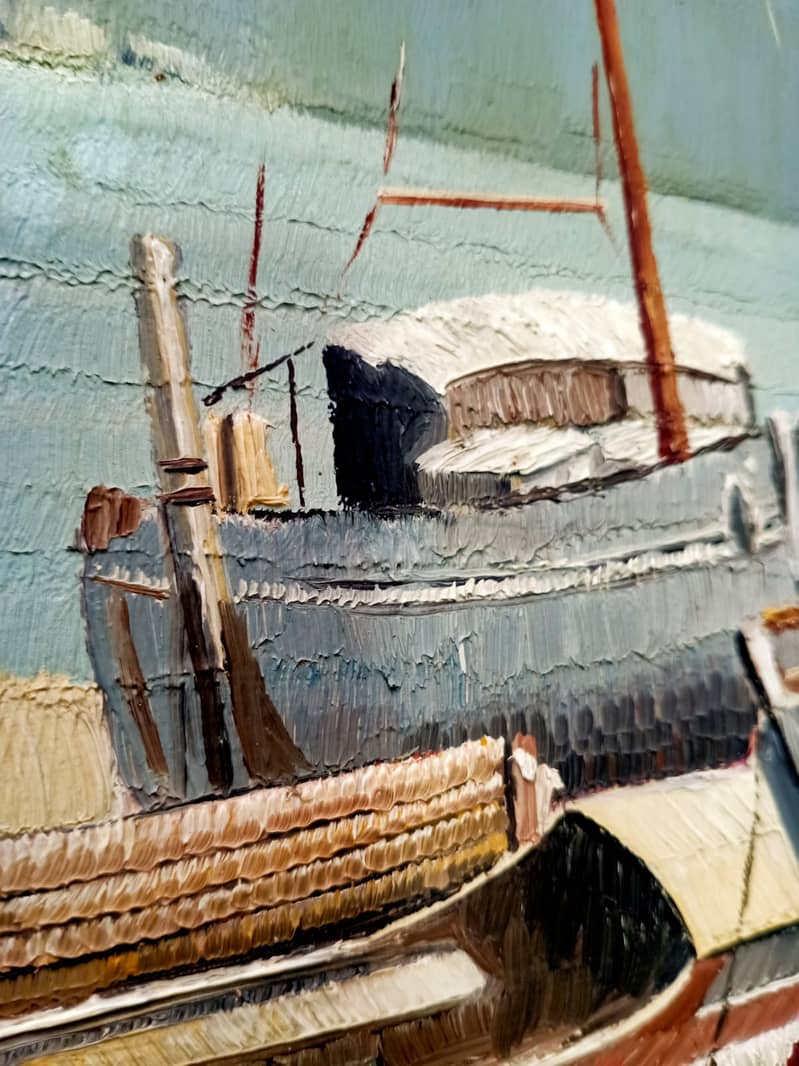 Beautifull Oil on Boeard Painted Harbour Scene Depicting Ships 10