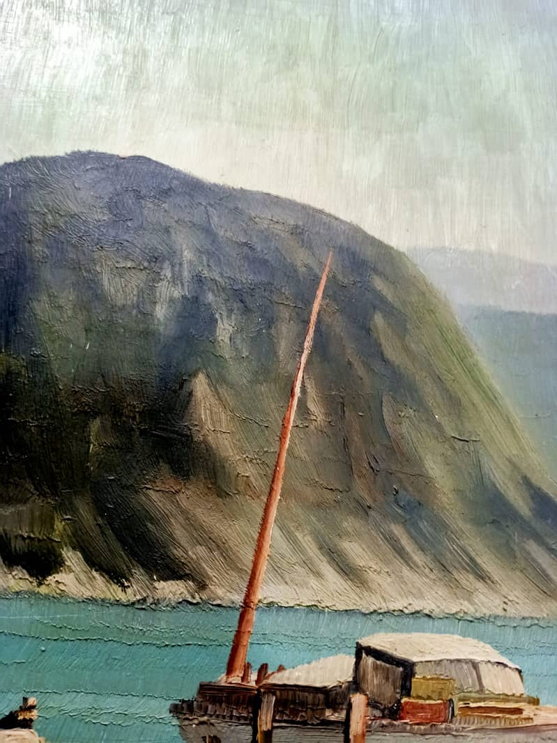 Beautifull Oil on Boeard Painted Harbour Scene Depicting Ships 11