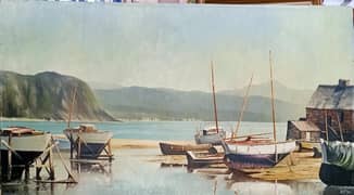 Beautifull Oil on Boeard Painted Harbour Scene Depicting Ships.