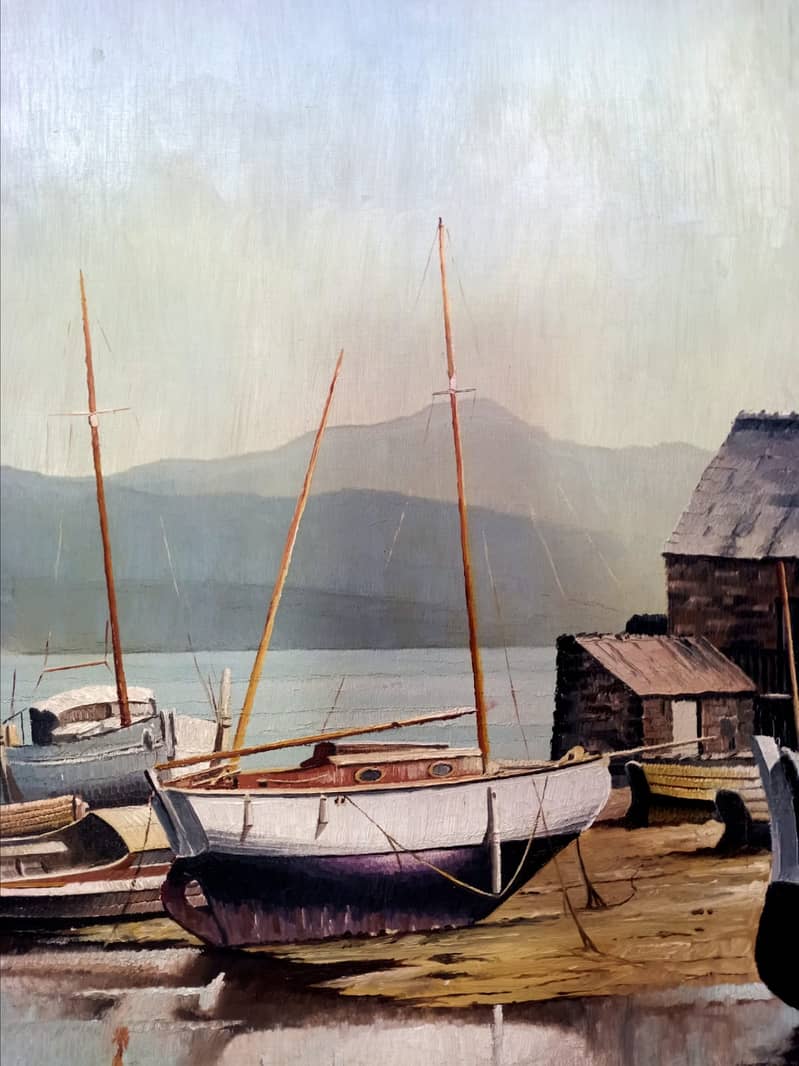 Beautifull Oil on Boeard Painted Harbour Scene Depicting Ships. 2