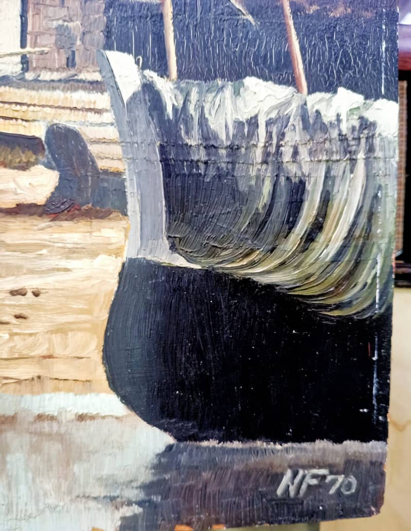 Beautifull Oil on Boeard Painted Harbour Scene Depicting Ships. 4