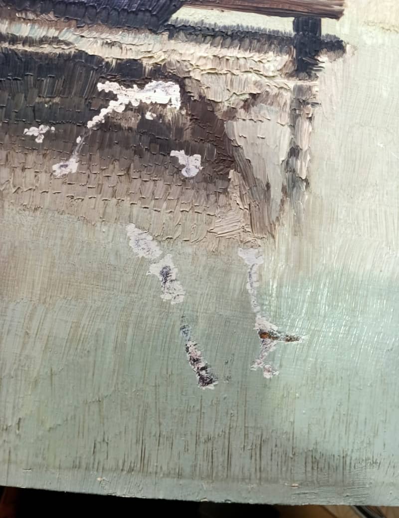 Beautifull Oil on Boeard Painted Harbour Scene Depicting Ships. 6