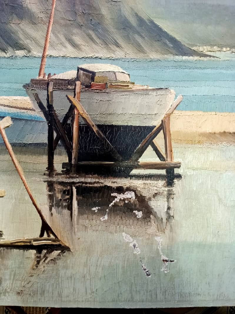 Beautifull Oil on Boeard Painted Harbour Scene Depicting Ships. 7