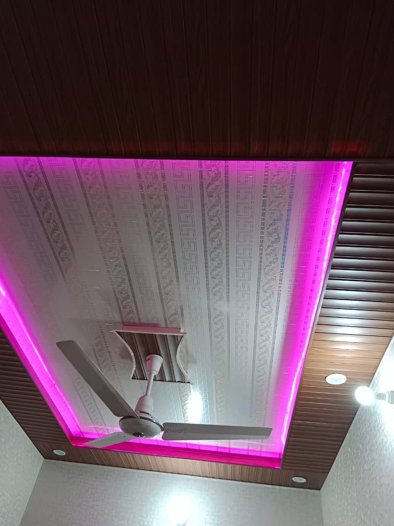 fancy ceiling, wallpaper, wooden floor wall panel, wpc media wall, 9