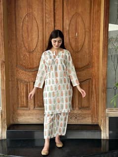 2 pcs women's stitched Arabic lawn printed shirt and trouser white 0