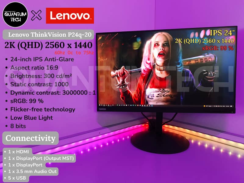 24inch 2K QHD  IPS 60hz sRGB: 99 % Lenovo P24q20 Led Gaming Monitor 0