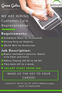 We are Hiring Customer care representatives, [urgently Required)
