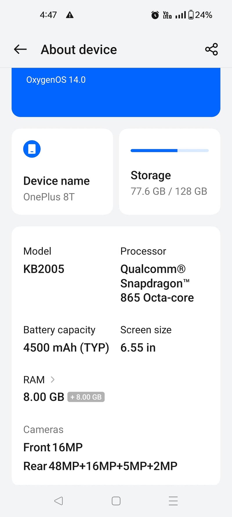 OnePlus 8t 8GB RAM 128 GB storage all ok 10 by 10 condition LCD per ek 7