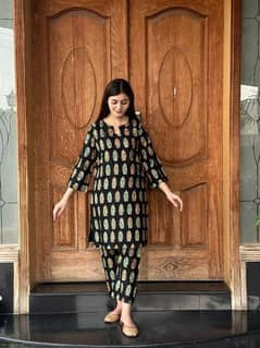 2 Pcs Women's Stitched Arabic Lawn Printed Shirt And Trouser - Black 0
