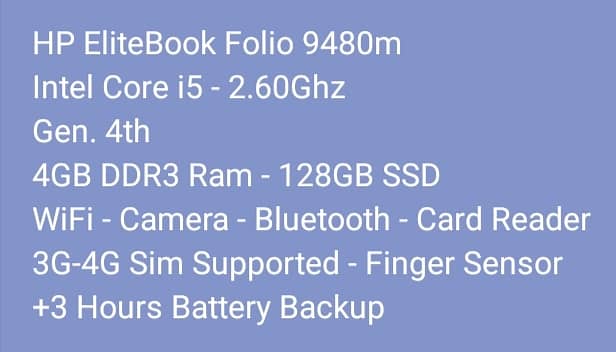 HP ELITEBOOK FOLIO 9480m CORE i5 GEN. 4th 4GB DDR3 RAM 128GB SSD DRIVE 5