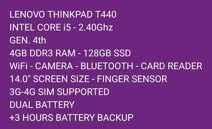 LENOVO THINKPAD T440 CORE i5 GEN. 4th 4GB DDR3 RAM 128GB SSD DUAL BATR 5