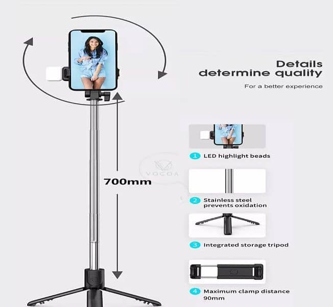 selfie stick with led light and with mini tripod stand 1