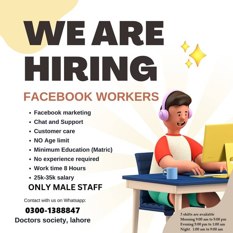 Male Facebook Workers required - Office Based Job in Lahore 0