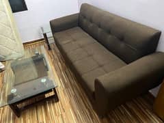 Classy Coffee Brown Sofa Set with Glass Table