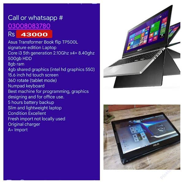LENOVO yoga laptops plus tablet 360°corei5 5th 8GB/500GB 13"HD Display 8