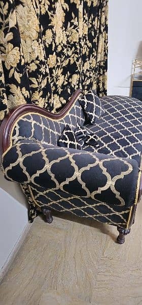 3 seater deewan black golden poshish with cushions and wooden frame 1