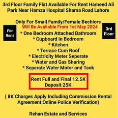 3rd Floor Family Flat For Rent At Hameed Ali Park Near Hamza Hospital