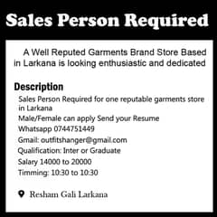 Urgent Required Sales Person