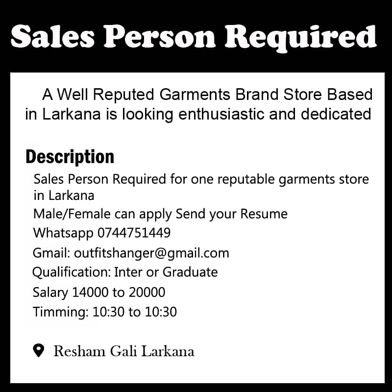 Urgent Required Sales Person 0