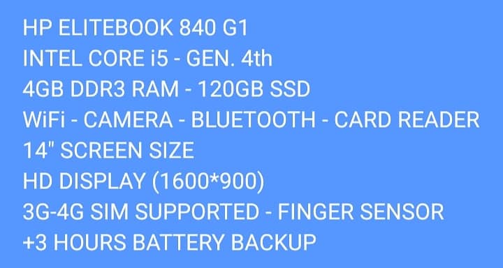 HP ELITEBOOK 840 G1 CORE i5 GEN. 4th 4GB DDR3 RAM 120GB SSD HD DISPLAY 6